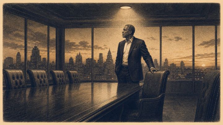 Vintage steel engraving of a Black man in his 50s in a dark blazer, hand resting on an empty boardroom chair, long table receding toward dusk-lit windows