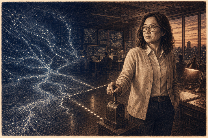 Engraved illustration of a woman engineer holding a control lever, facing a luminous branching AI form that has spread past a fragile dotted boundary line.