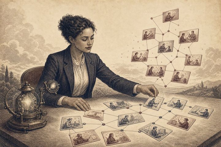 Vintage engraving of a woman arranging illustrated job cards into a connected network, with linked roles floating above and a glowing lantern beside her.