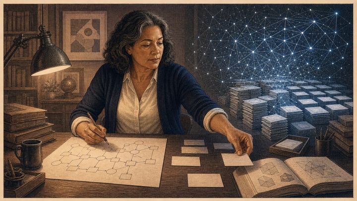 A woman sketches a strategy diagram while selecting from AI-generated cards, directing the machine's output toward her own goals.