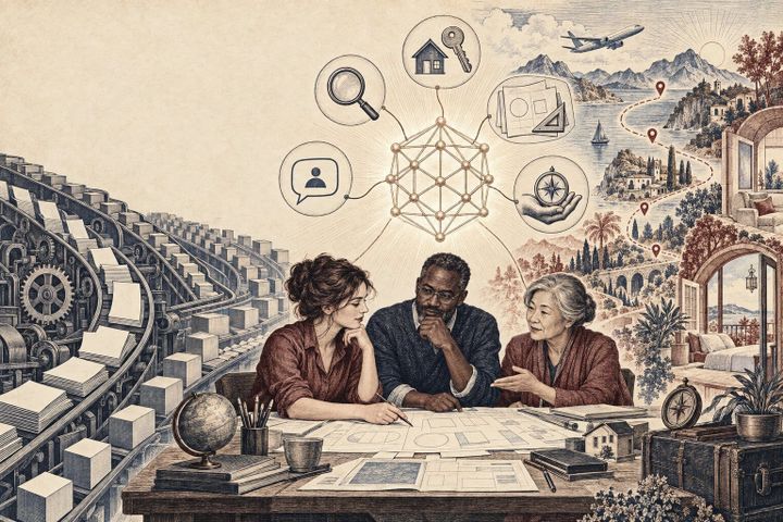 Vintage steel engraving of a diverse Airbnb team turning shared AI capability into product, support, host, and human judgment work