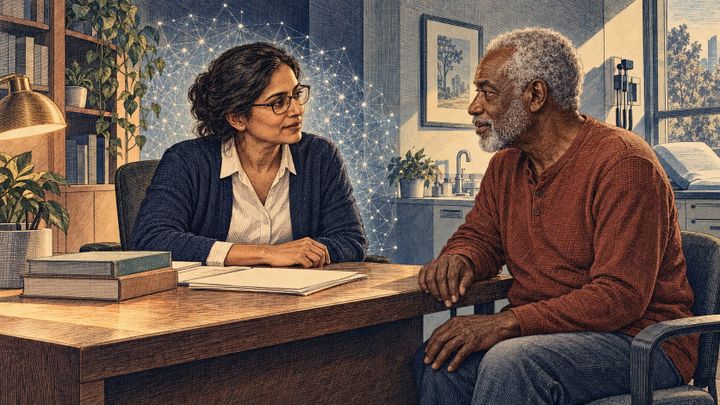 A vintage engraved clinical office: a woman physician at a desk turns toward an older man beside her as a fine-line navy data-form glows among the papers and books.
