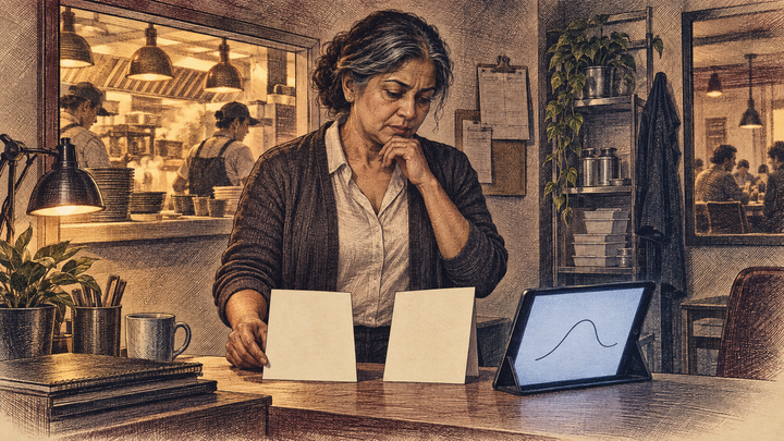 A restaurant owner reviews two menu cards beside a tablet with a price recommendation.