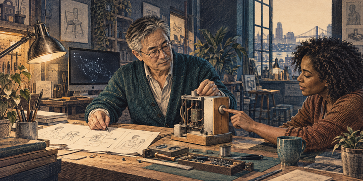 An experienced engineer and colleague test a hand-built product prototype in a workshop.