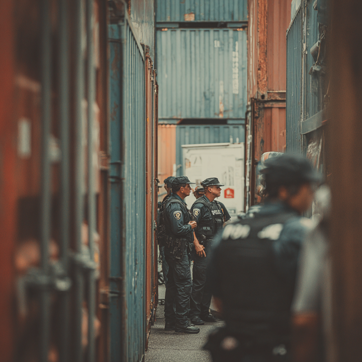 Symbolbild von Polizisten, die Schiffscontainer untersuchen