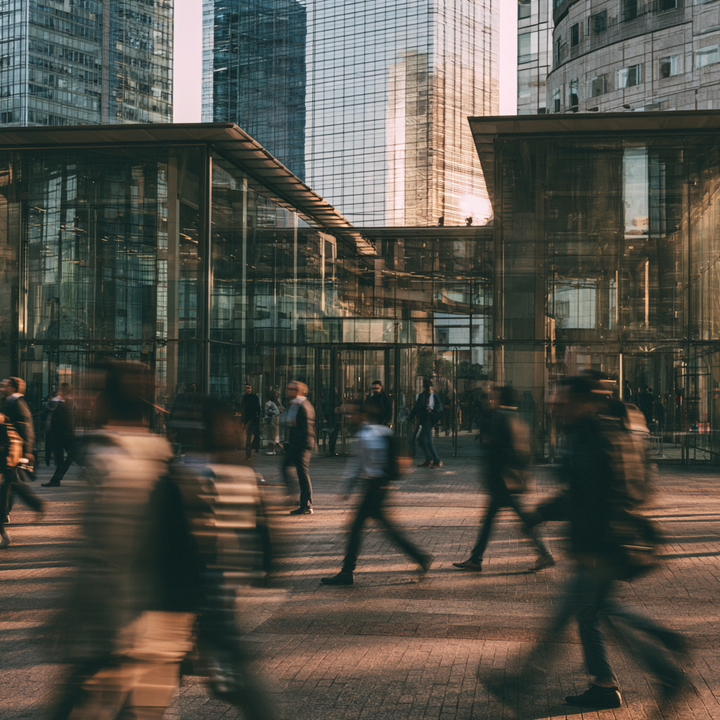 Symbolic image of people walking past office buildings