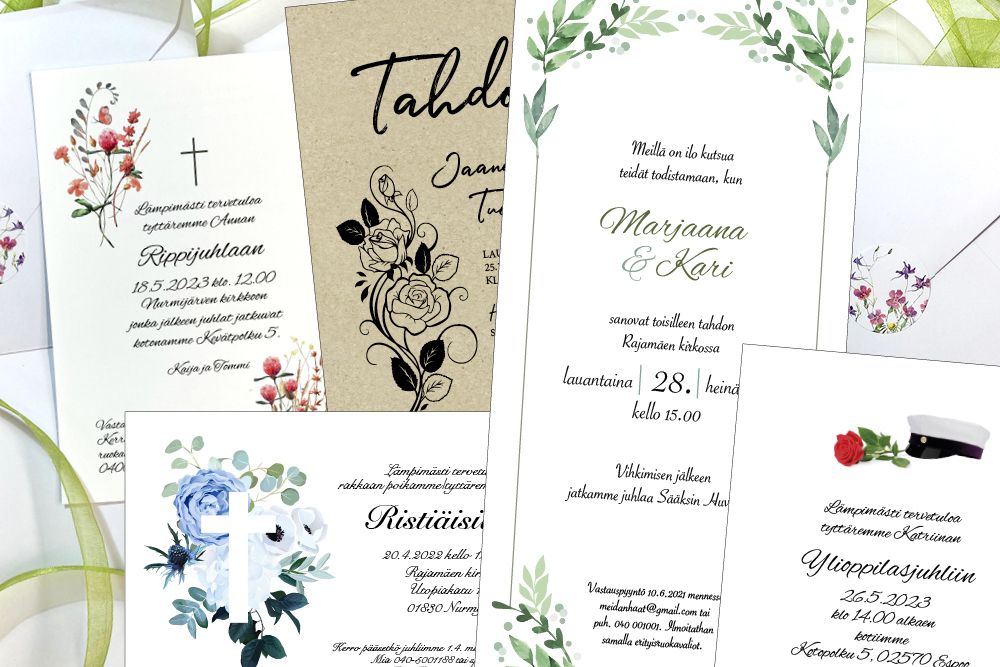 Personoituja kutsukortteja häihin, rippijuhliin, ristiäisiin ja ylioppilasjuhliin. Venuun suuri korttiopas.