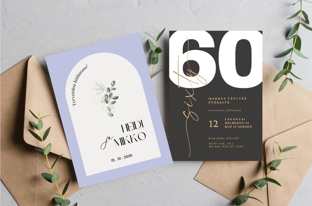 Kutsukortit, kiitoskortit ja save the date kortit häihin, syntymäpäiville, valmistujaisiin ja muihin juhliin. Yksi hääkutsu jossa vesivärimaalaus, yksi kutsukortti kuusikymppisille. Kirjekuoret ja koristelehtiä. 