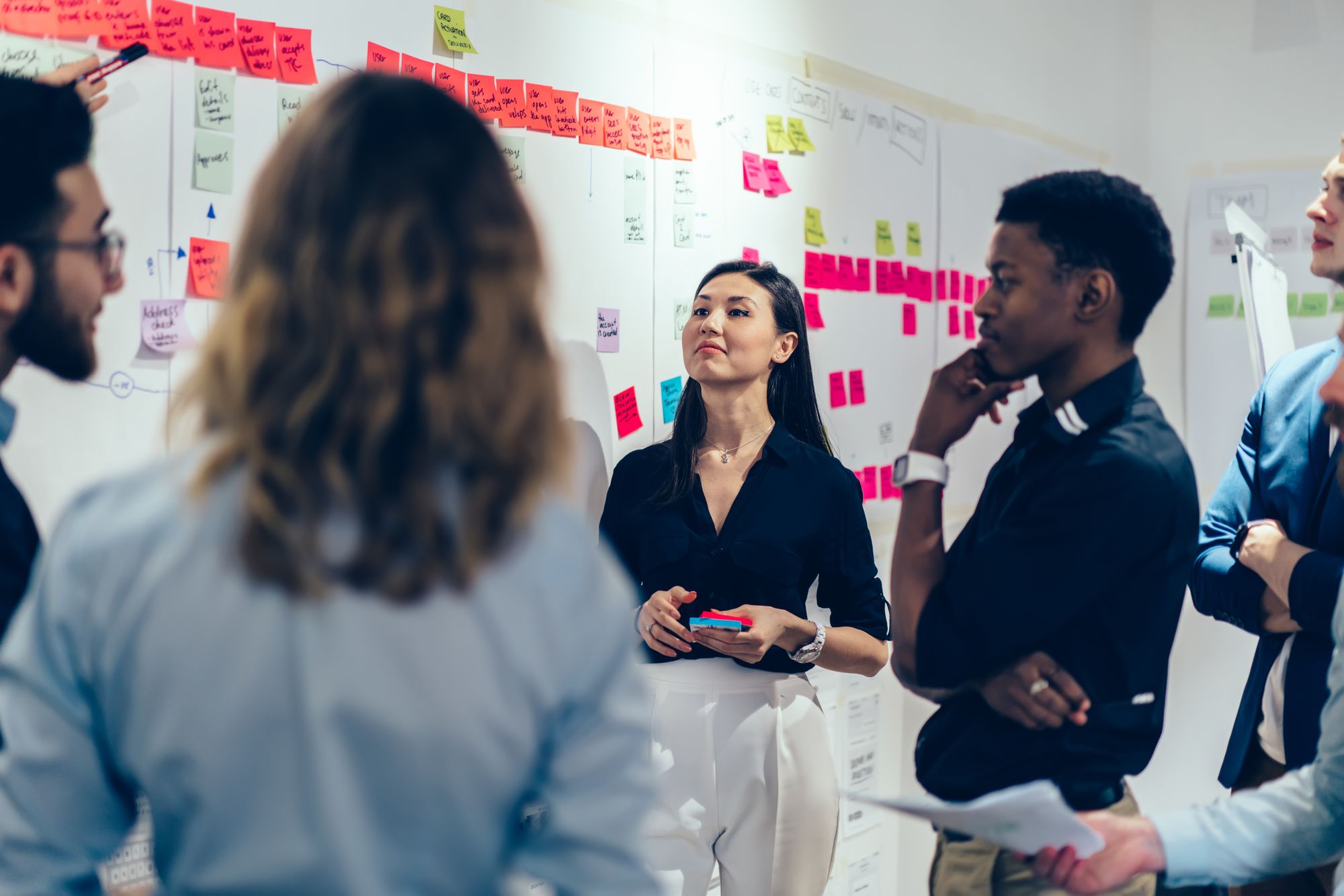 A real estate team huddle around a white board full of post-it notes and a comprehensive business strategy.