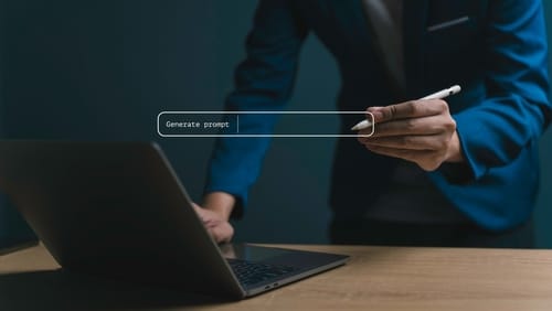 Generated prompt appearing above a computer with a man using a digital pen