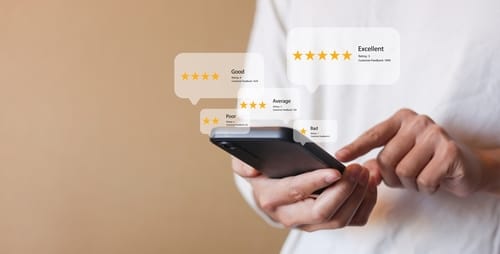 Home Buyer checking real estate agent reviews and ratings on a mobile phone