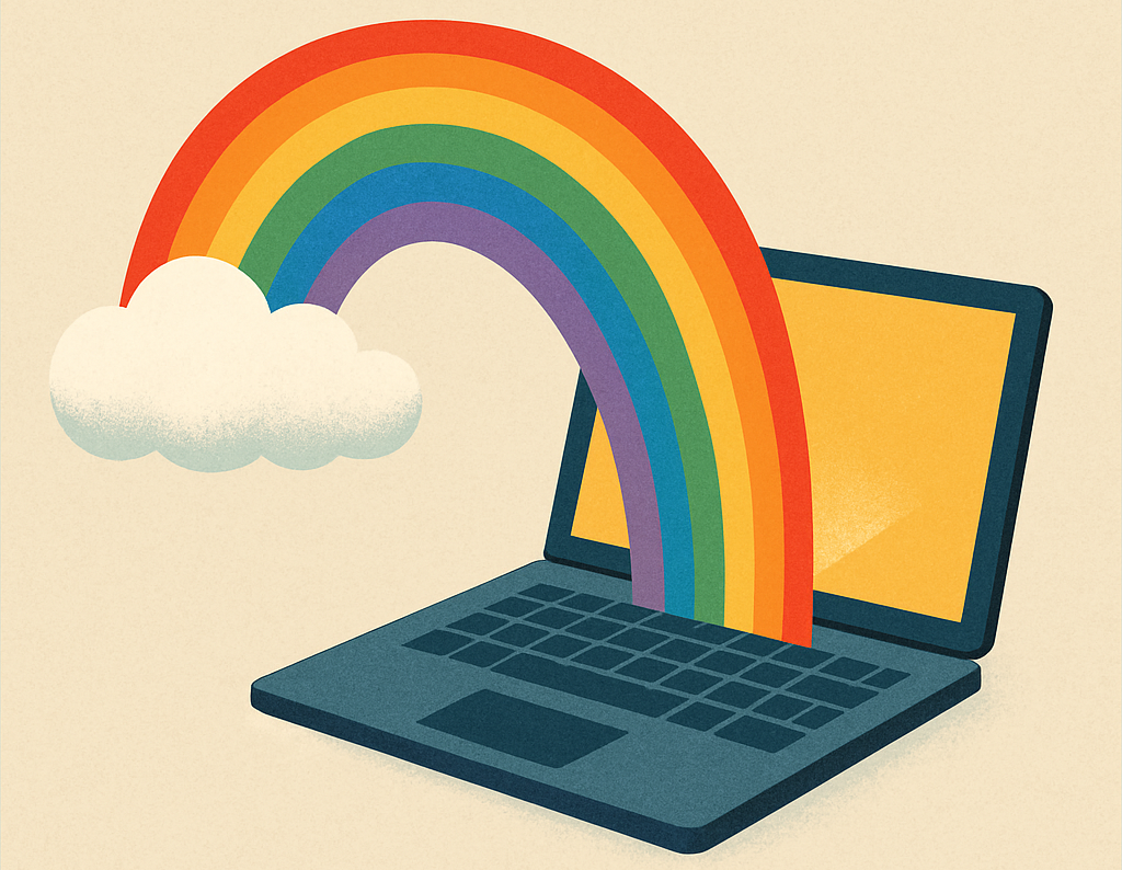 A rainbow arching down into a laptop computer