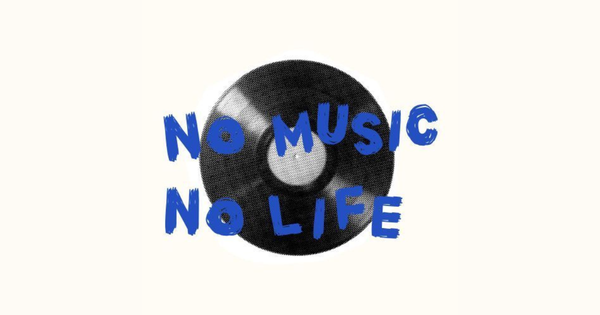 Vinyl record with bold blue hand-lettered "No Music No Life"  text, representing the indie alternative music spirit