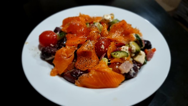 Dinner, greek salad and salmon at the motel