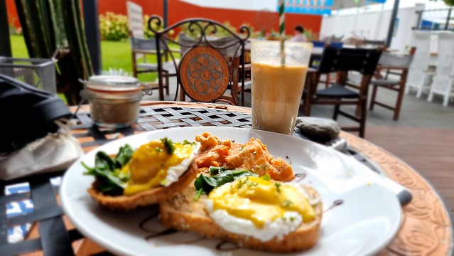 Waitaki Braids lovely Eggs Benedict & salmon, iced coffee