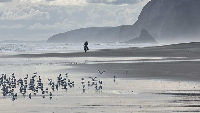 Whatipu Beach Surf Biker heads towards Karekare