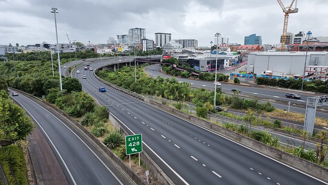 The swoopy pink Canada Street Lightpath connection & new Karanga-a-Hape Central Rail Line Station (crane)