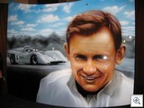This remarkable portrait of Bruce McLaren is painted on a car bonnet (hood)
