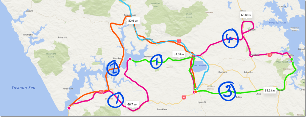 The (rough) trip plan. Four day rides, two trail, two road