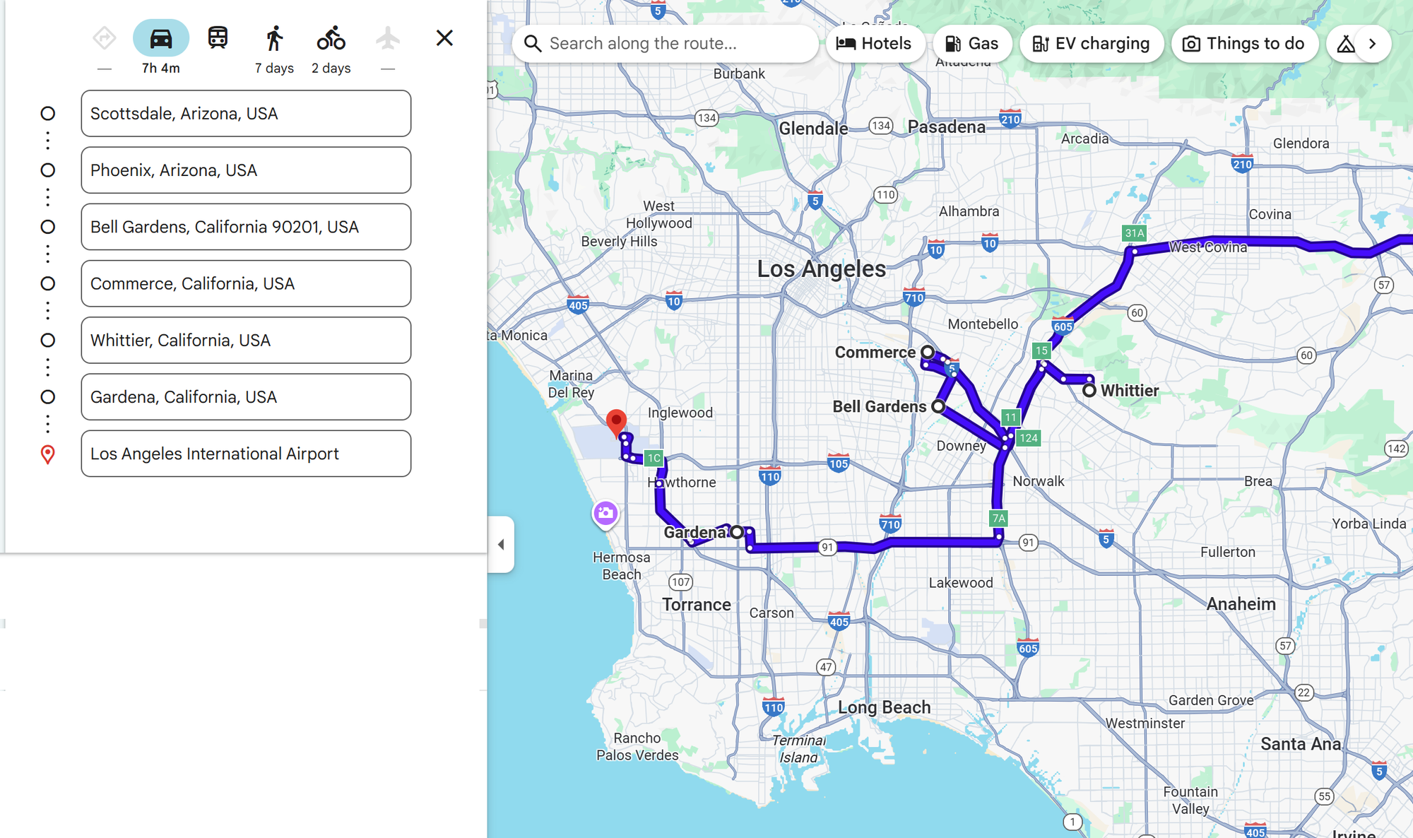 Google Map of L.A. with erratic road route between the various facilities and LAX