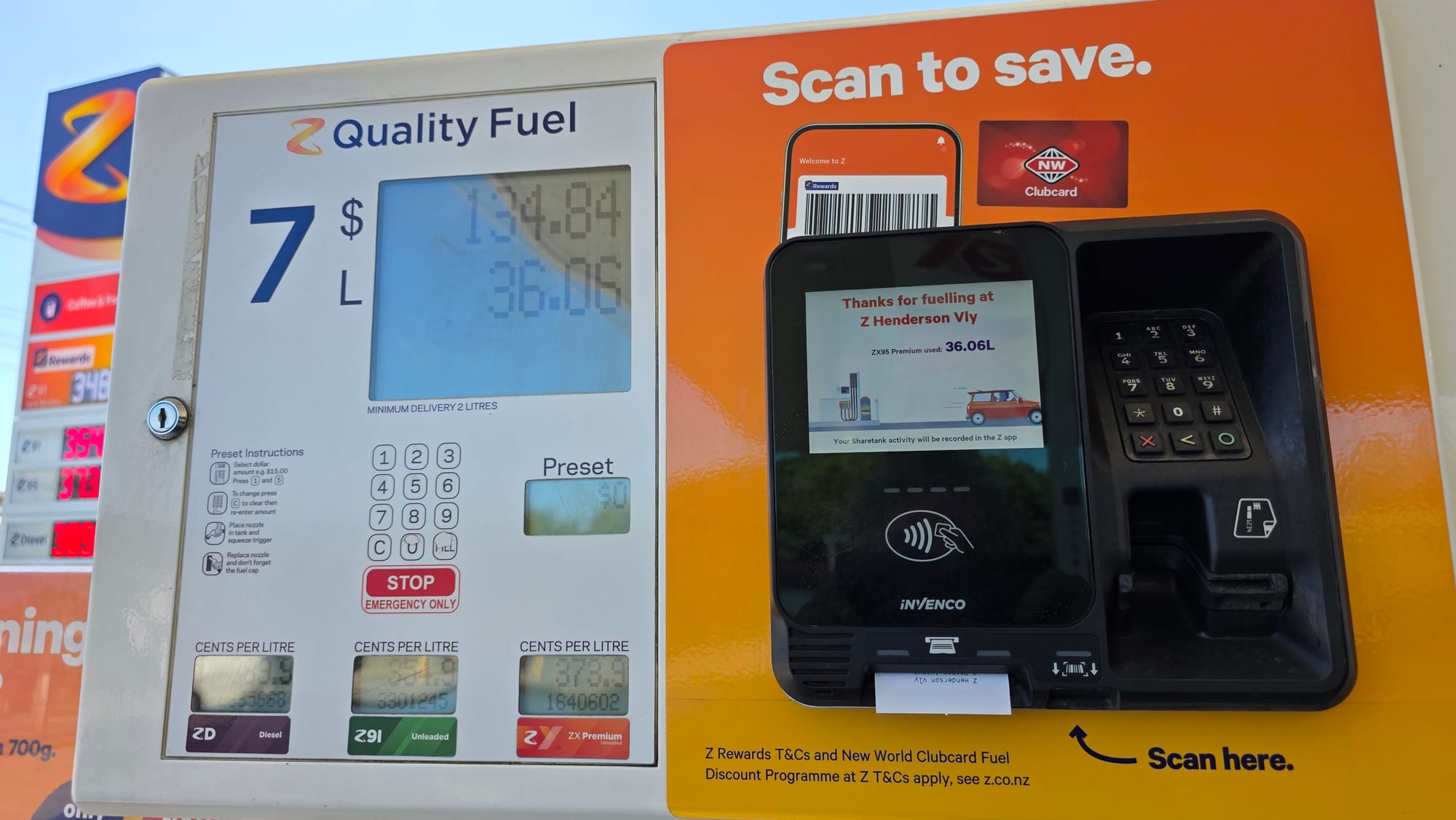 Petrol pump display showing $134 for 36l of 95 fuel