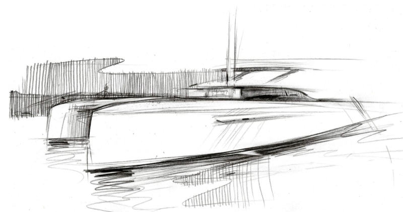 Black pen perspective sketch of a catamaran