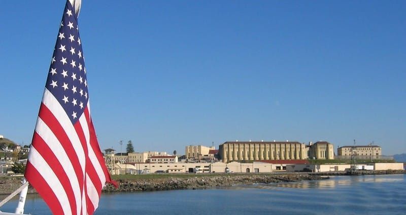 US Flage foreground, San Quentin Prison, San Francisco, from the Larkspur commuter ferry