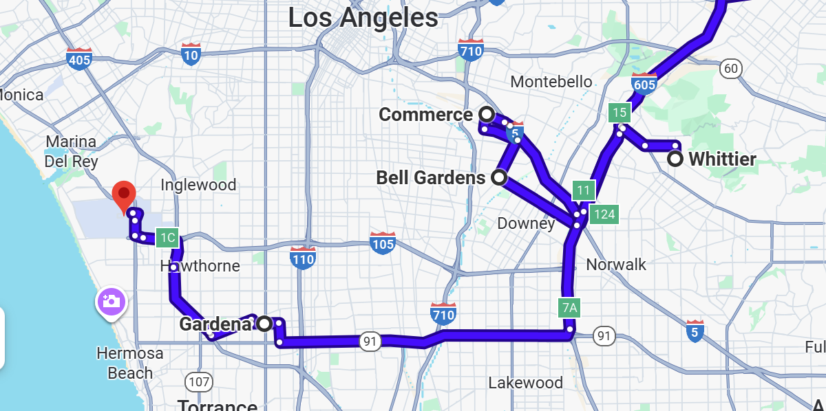 Google Map of L.A. with route from Whittier, Commerce, Bell Gardens, Gardena to LAX