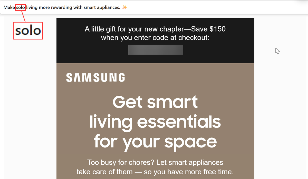 Discount offer from Samsung specifically stating is related to Solo living status