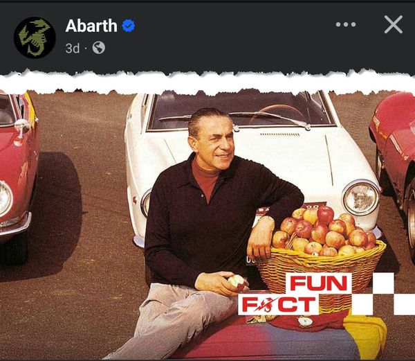 Collage of Carlo Abarth, a basket of apples and his cars