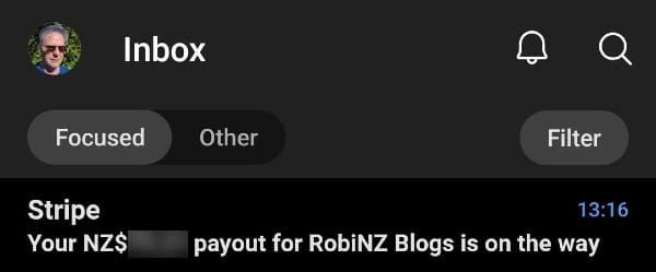 Inbox showing email from Stripe Payments notifying there is a payment on the way