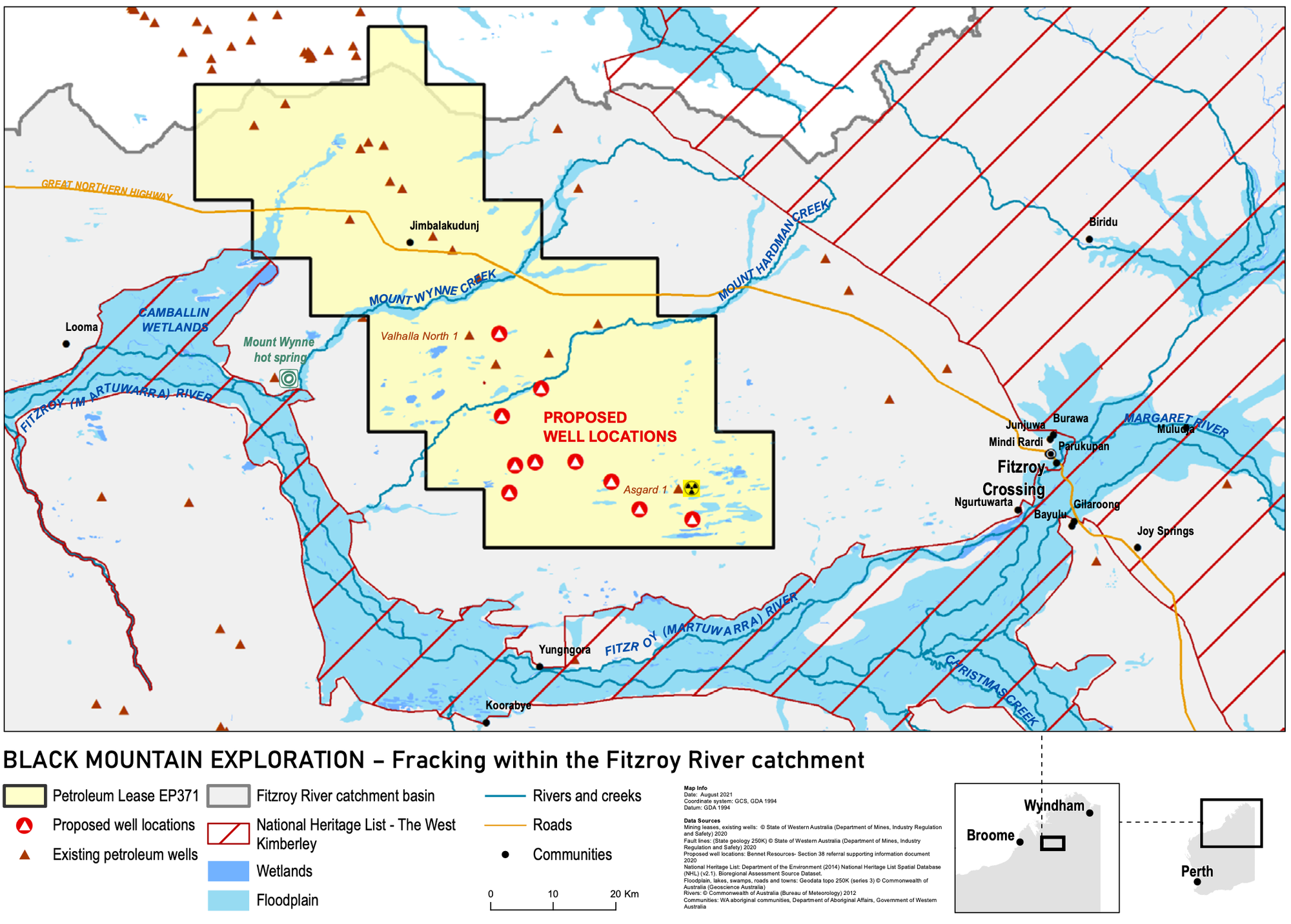 Map of Black Mountain Energy's planned fracking in the catchemnt of the Fitzroy River, Kimberley, Western Australia.