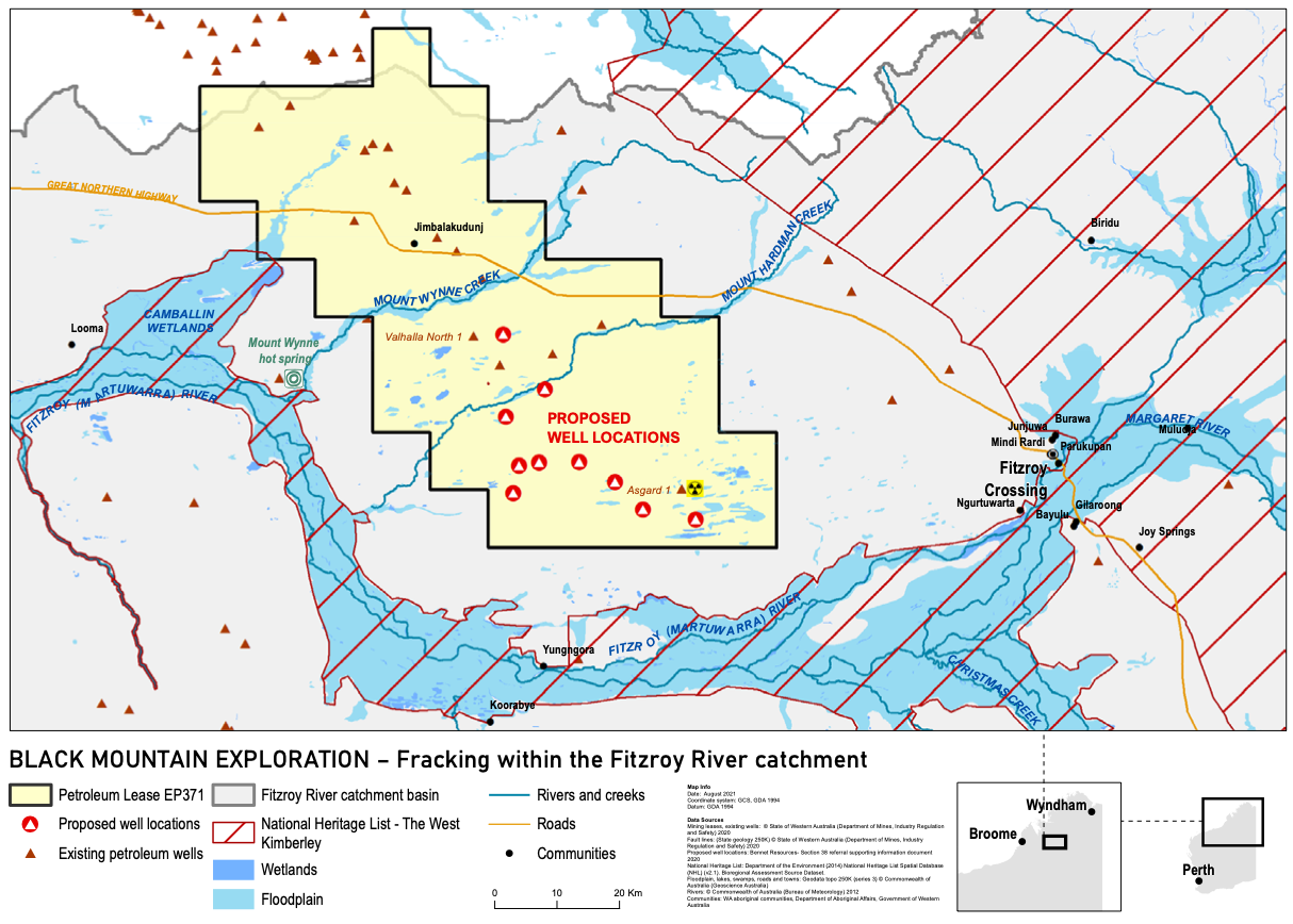 Map of Black Mountain Energy's planned fracking in the catchemnt of the Fitzroy River, Kimberley, Western Australia.