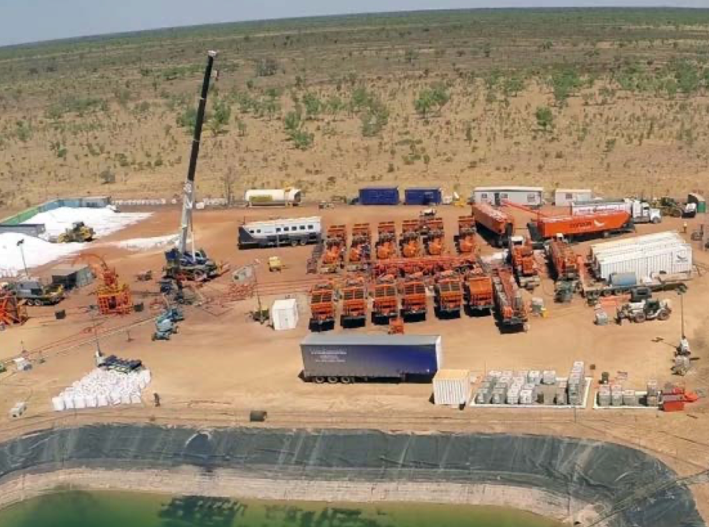 Aerial picture of the many trucks and other equipment required to frack a well, as proposed by Black Mountian Energy for the Kimberley region of Western Australia.