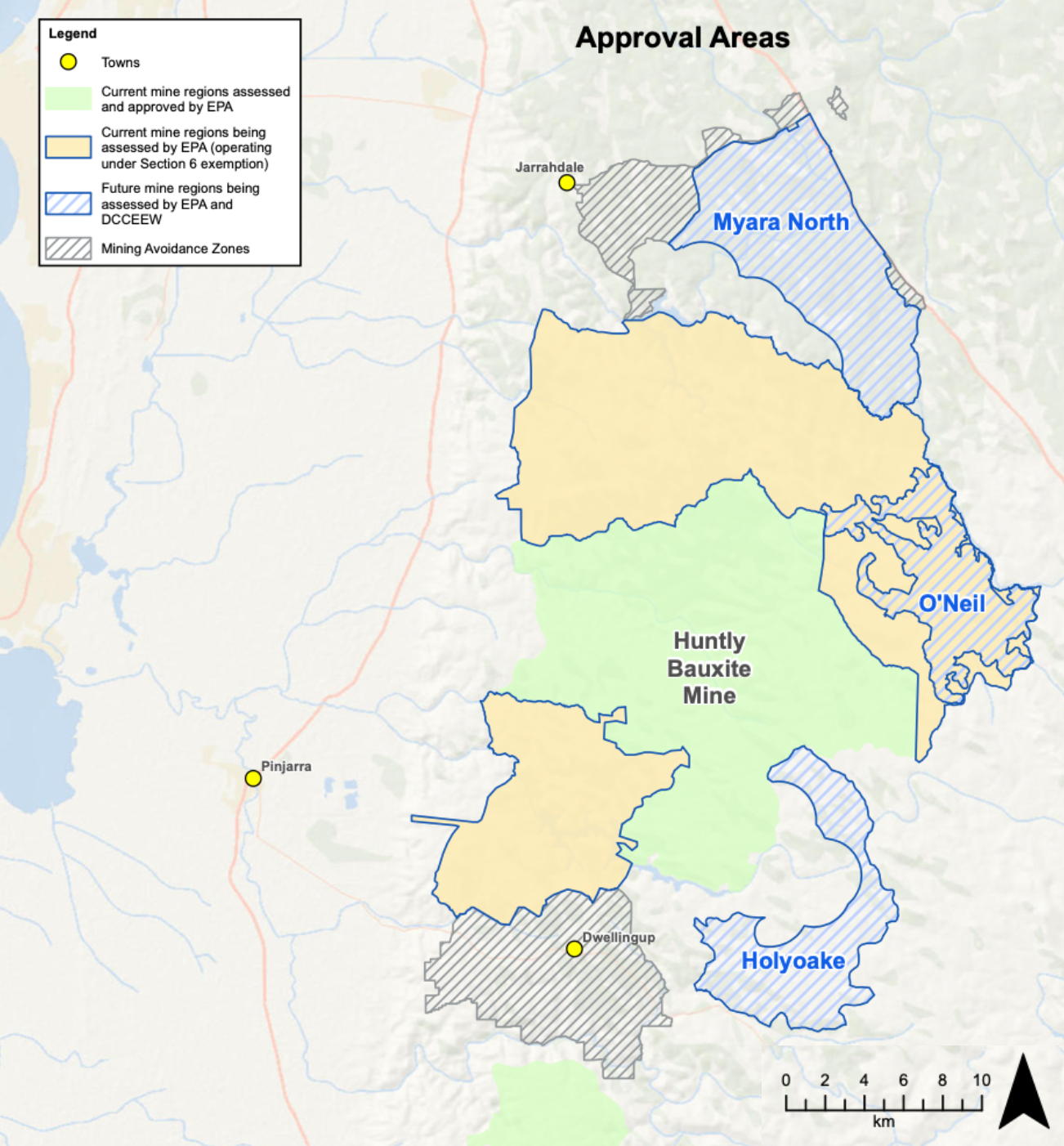 A map showing Alcoa's planned expansions of its Huntly bauxite mine that feeds its Pinjara alumina refinery: Myara North to the north amd Holyaoke to the south.
