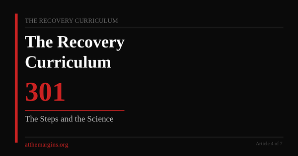 Black background with red vertical accent line. Text reads: The Recovery Curriculum — 301 — The Steps and the Science — atthemargins.org — Article 4 of 7.