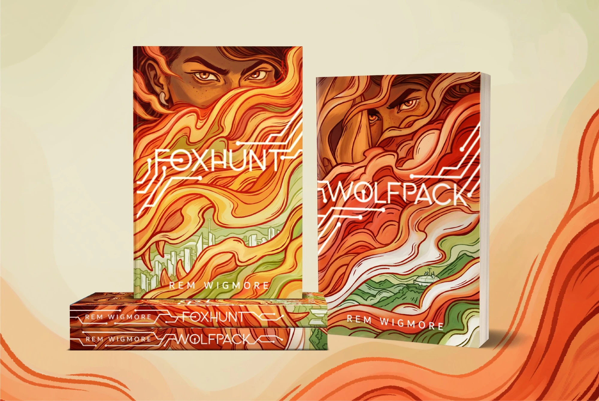 Digital mockup of the two books, fronts and spines. Cover of Foxhunt: a woman with brown skin and eyes and an intense stare, with wisps of smoke like claws framing her face and a fang earring, above swirls of red and green smoke, like a mouth, enclosing a solarpunk city. Cover of Wolfpack: a brown-skinned woman holding a coppery fox mask. She is mostly obscured by red smoke and a little below the title is a domed white building on a green mountain.