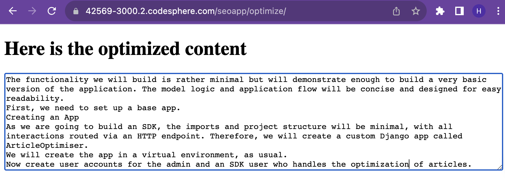 Web page of django app that displays the optimized content 