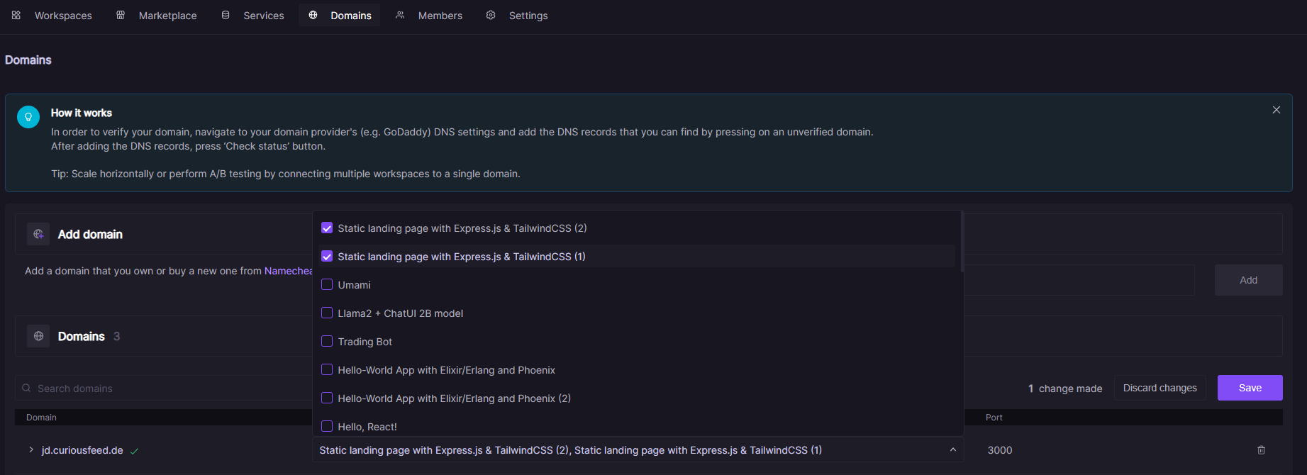 Connect a custom domain to several workspaces