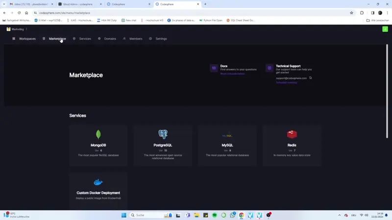 Create a new database in the marketplace