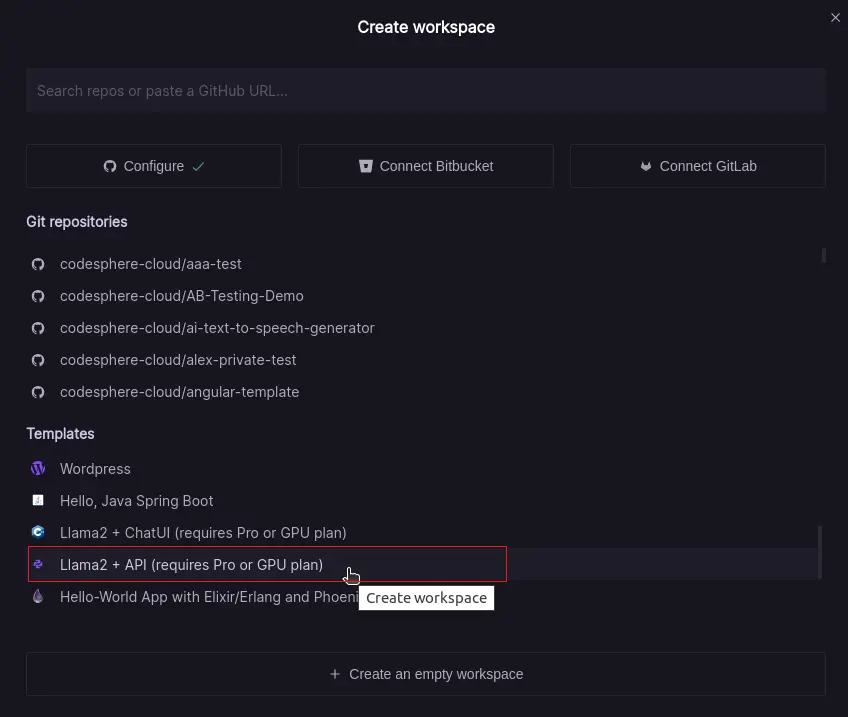 Open a new workspace on Codesphere