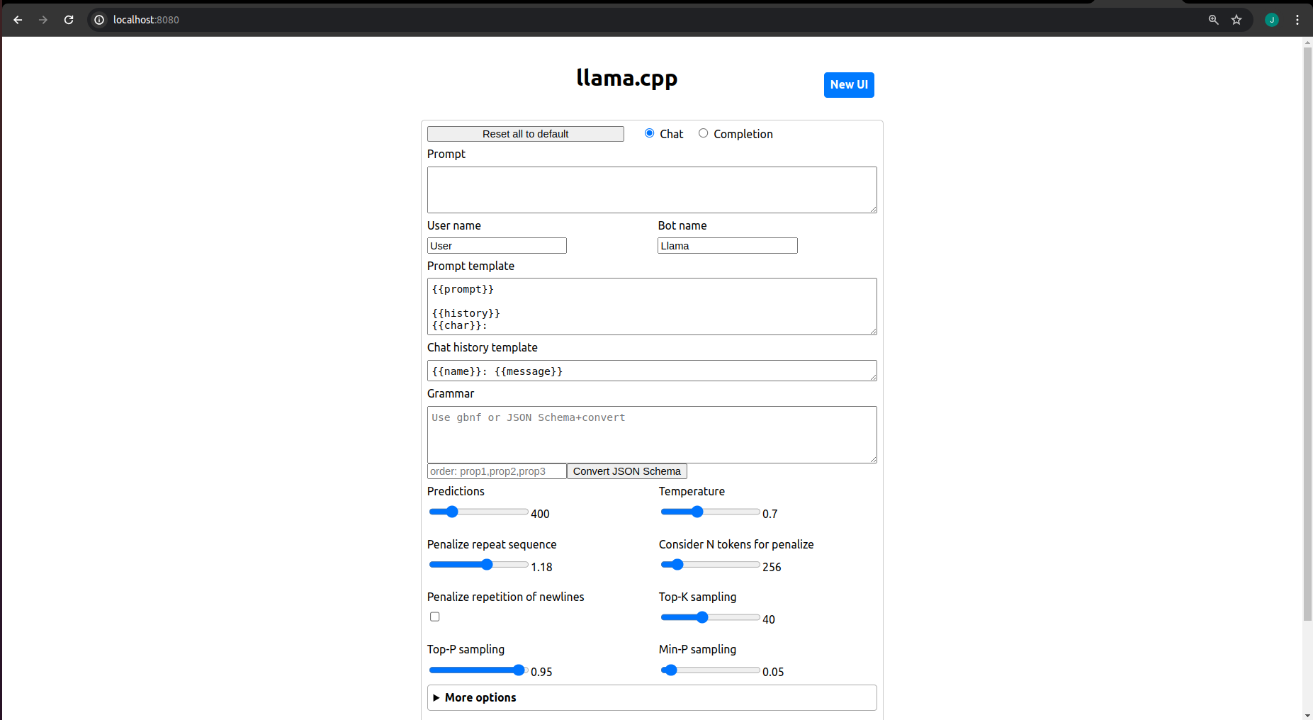 Llama.cpp server on localhost