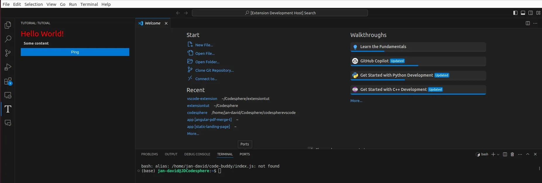 Activated tutorial extenion in an extension-development-host