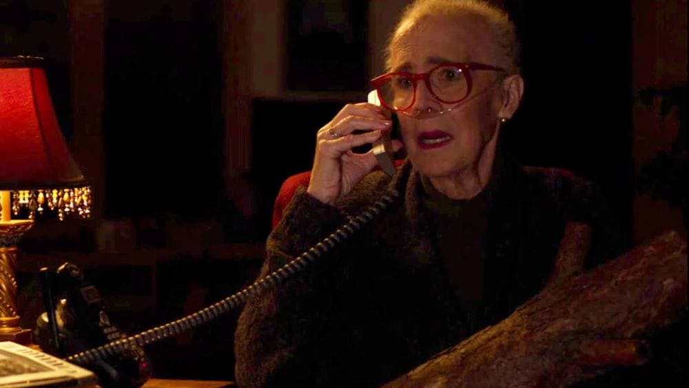An old, frail woman without much hair holds a log and speaks on the phone in a scene from Twin Peaks The Return.