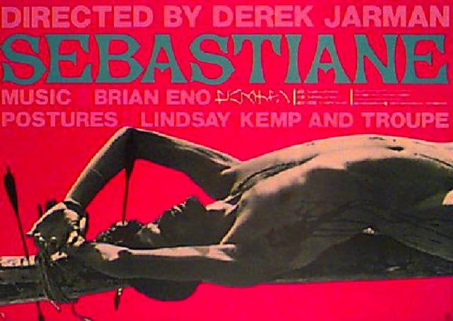 A poster for Derek Jarman's Sebastiane featuring a naked man tied to a cross with spears shot at him against a deep fuschia colour.