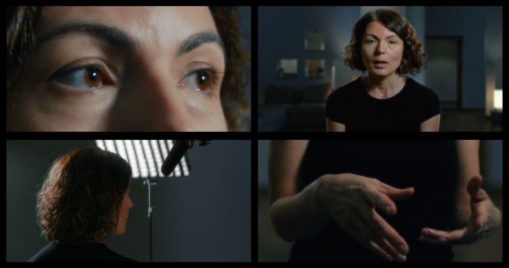 A woman sits, the screen divided into four quarters. Top left a close-up of her eyes as she glances sideways. Top right a medium shot of her head and shoulders as she looks at the camera. Bottom left from the back of her head and slight side of her face with a microphone in frame. Bottom right a closeup of her hands as she explains something.