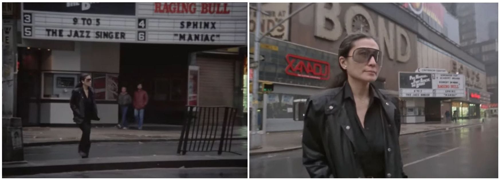 Two side-by-side screenshots from the walking on thin ice music video shot in Times Square. Yoko wears a black leather ensemble with large sunglasses walking past a New York City cinema.