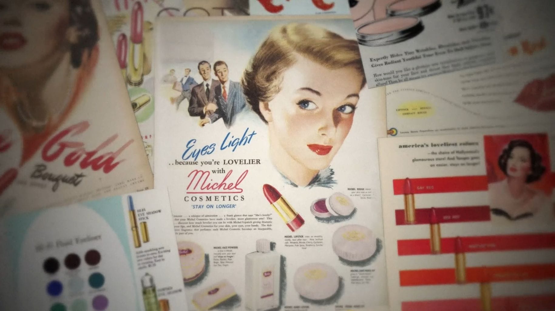 A collage of 1950s lipstick magazine advertisements.