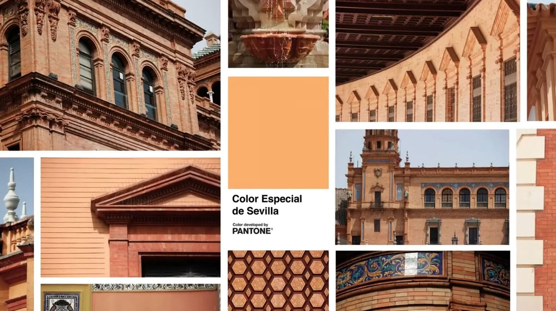 A graphic collage of various buildings that all share the same shade of brick known as Color Especial de Sevilla, a peach-toned colour.