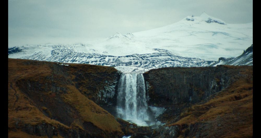 A large glacier becomes a waterfall.